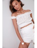 Short openwork blouse with embroidery, cream 20940 - Online store - Boutique